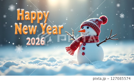 Whimsical snowman celebrates new year 2026 amidst falling snowflakes 127085574