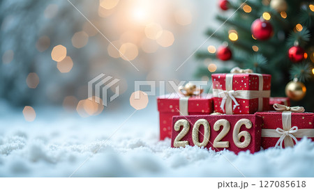Sparkling Festive Scene Featuring Wrapped Gifts and a Christmas Tree for 2026 Sparkling Festive Scene Featuring Wrapped Gifts and a Christmas Tree for 2026 127085618