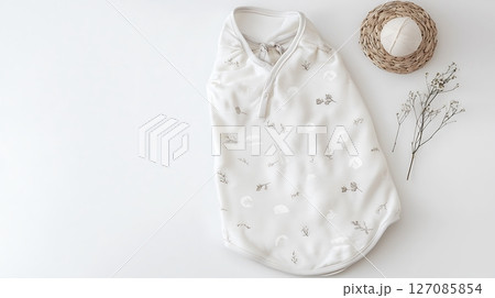 A white blanket with a flower pattern is on a table 127085854