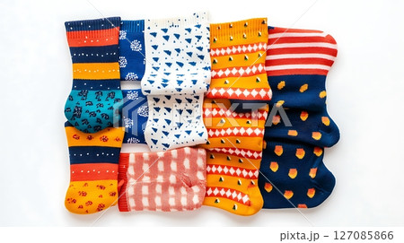 A row of colorful socks with various patterns and designs 127085866