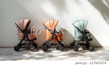 Three strollers are lined up against a wall, each with a different color 127085878