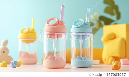 Three clear plastic cups with straws, one pink, one blue, and one yellow 127085937