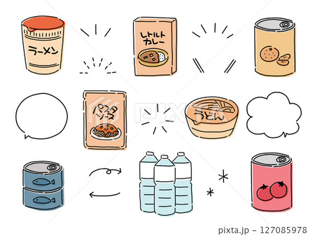 シンプルな保存食をイメージしたイラスト素材セット シンプルな保存食をイメージしたイラスト素材セット 127085978