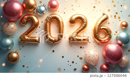 Festive 2026 New Year Celebration with Golden Number Balloons and Confetti Festive 2026 New Year Celebration with Golden Number Balloons and Confetti 127086046