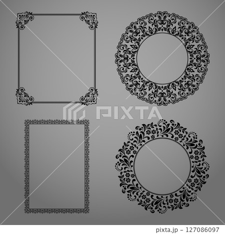 Set of decorative frames Elegant vector element for design in Eastern style, place for text. Floral black and gray borders. Lace illustration for invitations and greeting cards 127086097