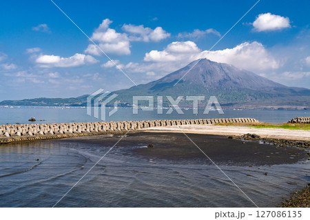 《鹿児島県》桜島をのぞむ海岸線 《鹿児島県》桜島をのぞむ海岸線 127086135