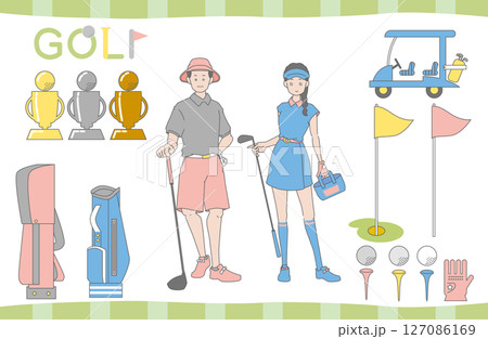 ゴルフを楽しむ男女と道具のセット 127086169