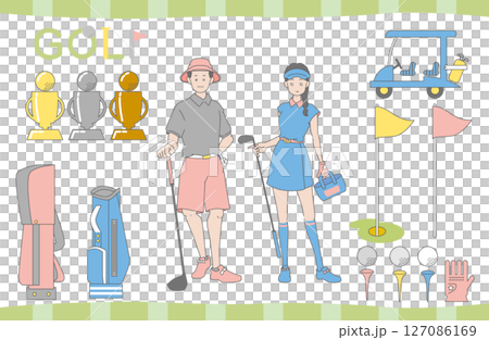 ゴルフを楽しむ男女と道具のセット 127086169