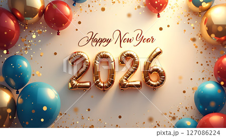Festive New Year 2026 celebration with balloons and confetti, vibrant backdrop 127086224
