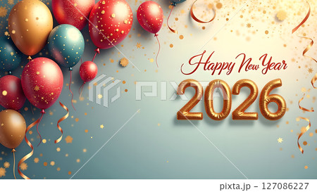 Festive New Year 2026 Celebration with Balloons and Sparkling Decorations 127086227
