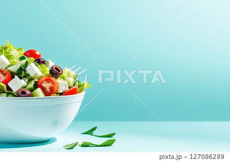 A fresh garden salad, prominently displayed in a white bowl with intricate design. 127086289