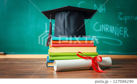 A graduation cap placed atop a colorful stack of books against a classroom blackboard backdrop. 127086290
