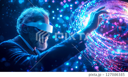 An old man interacts with a neural network display and the glowing connections of AI. The concept of technology, and the fusion of human intellect with advanced machine learning. Generative AI. 127086385