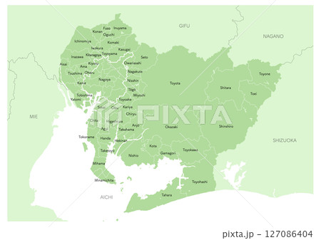 【英語】日本の愛知県の主な都市など地名付の地図（市町村や地域区分を線で描いている地図） 127086404