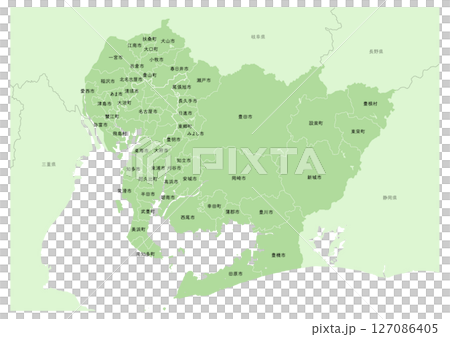 日本の愛知県の主な都市など地名付の地図（市町村や地域区分を線で描いている地図） 127086405