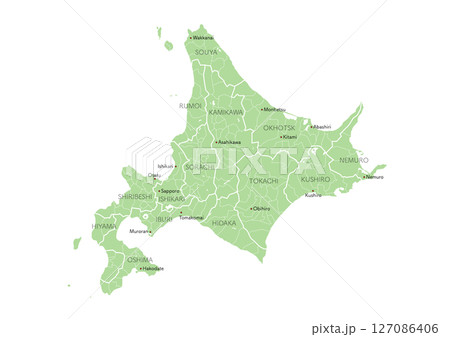 【英語】日本の北海道の主な都市など地名付の地図(市町村や地域区分を線で描いている地図) 【英語】日本の北海道の主な都市など地名付の地図(市町村や地域区分を線で描いている地図) 127086406
