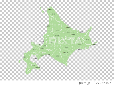 日本の北海道の主な都市など地名付の地図（市町村や地域区分を線で描いている地図） 127086407