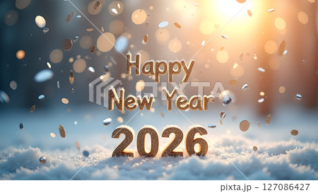 Golden Happy New Year 2026 Typography with Sparkling Confetti in Snow 127086427