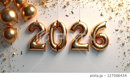Elegant Golden Balloons and Confetti Showcase the Year 2026 in Celebration Elegant Golden Balloons and Confetti Showcase the Year 2026 in Celebration 127086434