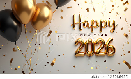 Festive celebration with 'Happy New Year 2026' inscription and gold balloons Festive celebration with 'Happy New Year 2026' inscription and gold balloons 127086435