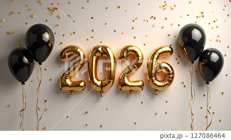 Spectacular golden number balloons forming 2026 with chic black balloon accents 127086464