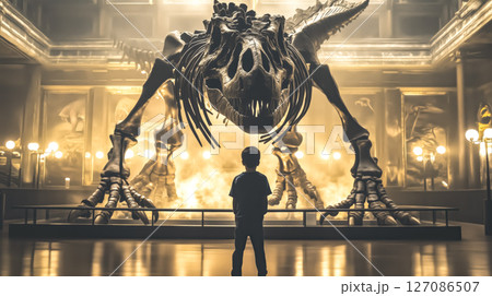 A kid boy stands in awe in front of a giant dinosaur skeleton at the museum. The concept focuses on curiosity, history, and the excitement of discovering the ancient past. Generative AI. 127086507