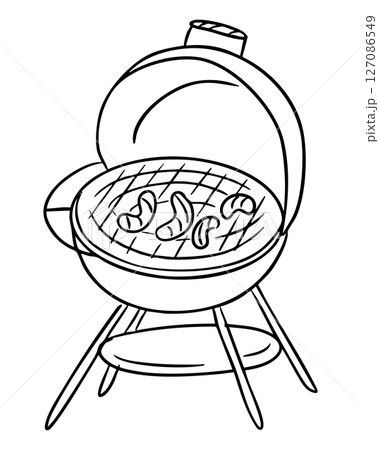 Charcoal grill with sausages on the grate Charcoal grill with sausages on the grate 127086549