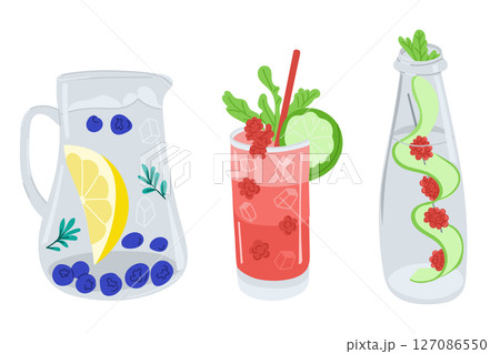 Refreshing drinks in various glassware with fruits 127086550