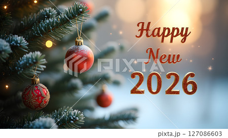 Festive greetings for Happy New Year 2026 with ornamental tree decorations Festive greetings for Happy New Year 2026 with ornamental tree decorations 127086603
