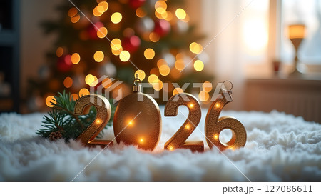 Celebrating the upcoming year: '2026' holiday themed golden numbers display 127086611