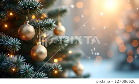 Festive glimmer: Golden Christmas tree decorations with soft luminous bokeh Festive glimmer: Golden Christmas tree decorations with soft luminous bokeh 127086626