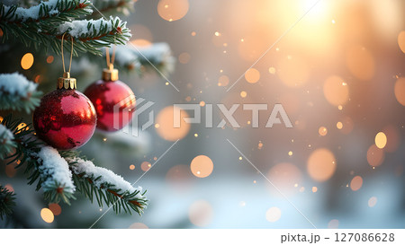 Festive holiday scene with red ornaments and a soft bokeh background 127086628