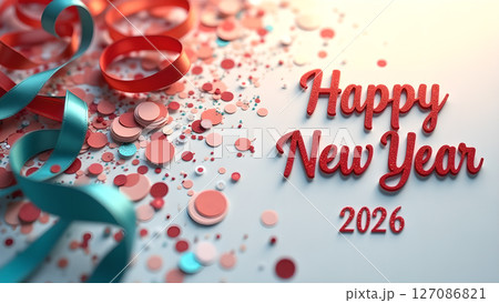 Festive 2026 New Year's celebration design with ribbons and confetti Festive 2026 New Year's celebration design with ribbons and confetti 127086821