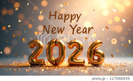 Radiant 2026 New Year Celebration with Golden Balloons and Confetti Glow 127086839