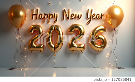 Enchanting Golden 'Happy New Year 2026' Celebration with Balloons and Lights 127086841