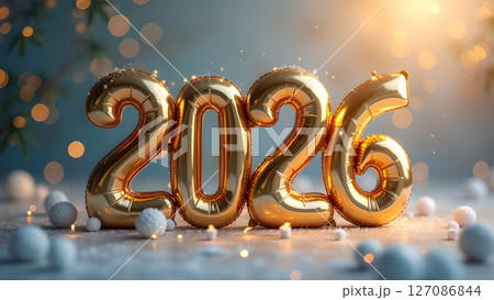 Golden '2026' Balloons for Festive Celebrations and New Year's Eve Wishes 127086844