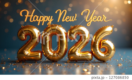 Festive Golden Balloons Displaying 'Happy New Year 2026' Celebration Message Festive Golden Balloons Displaying 'Happy New Year 2026' Celebration Message 127086850