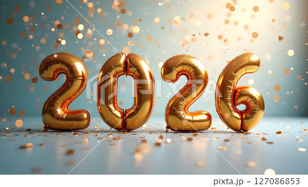 Golden 2026 Balloons Against Soft Blue Backdrop with Glittering Confetti 127086853