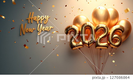 Golden celebration: Happy New Year 2026 with balloons and confetti elegance 127086864