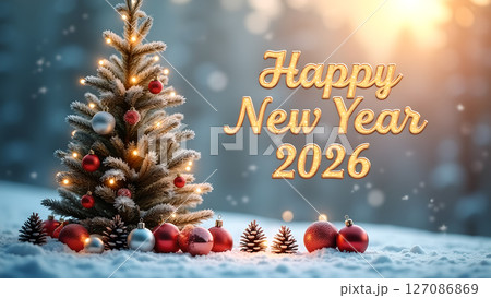Enchanting Happy New Year 2026 Greeting with Decorated Christmas Tree 127086869