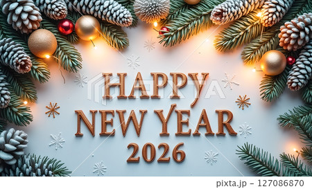 Festive new year greeting card with pine cones and celebratory ornaments Festive new year greeting card with pine cones and celebratory ornaments 127086870