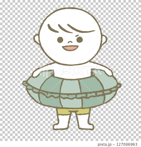 一個穿著泳衣的孩子拿著游泳圈,臉上帶著自豪的表情 一個穿著泳衣的孩子拿著游泳圈,臉上帶著自豪的表情 127086963