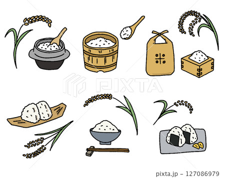 米と稲穂の手描きイラストセット 127086979
