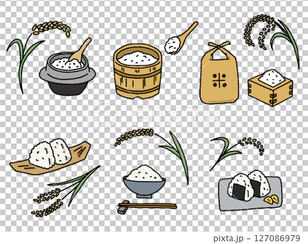 米と稲穂の手描きイラストセット 127086979