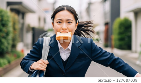 食パンをくわえたまま慌てて登校する女子学生 127087039
