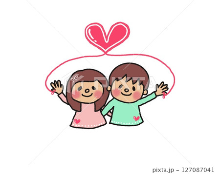 赤い糸で結ばれたカワイイ男の子と女の子の仲良しイラスト 127087041