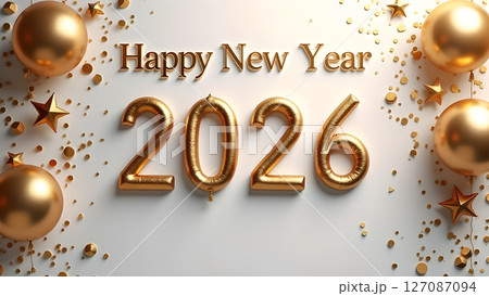 Golden New Year 2026 Celebration with Balloons and Sparkling Confetti 127087094