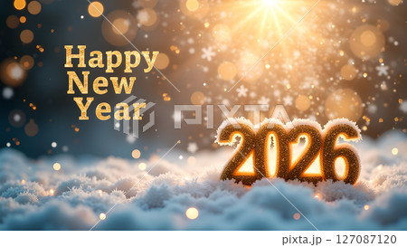 Radiant New Year 2026 Celebration with Golden Text and Sparkling Snow 127087120