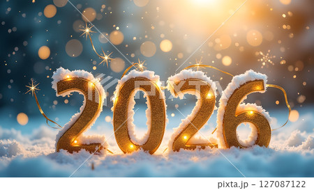 Golden '2026' Displayed on Snow, Glowing with Festive Lighting and Bokeh Golden '2026' Displayed on Snow, Glowing with Festive Lighting and Bokeh 127087122