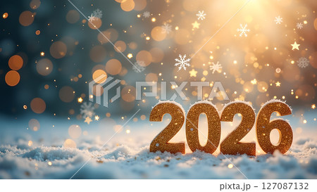 Golden 2026 sparkles on snow, anticipating a bright new year filled with hope 127087132
